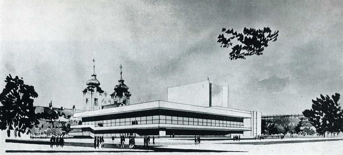 Az első látványrajzokon egy lapostetős színházépületet láthatunk toronyszerűen kiemelkedő zsinórpadlással. Némileg túlzónak tűnik az épület feltárulásának mértéke. (forrás: GYŐRITERV-es kiadvány)