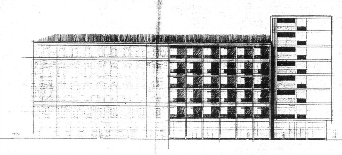 Eredetileg a szálloda bővítését és az új lakóházat zártsorúra tervezték. Itt már két szint különbség van közöttük (ez később három lett), a nehezen kezelhető tömegkapcsolat miatt döntöttek a tervezők a két épület széthúzása mellett. (Fátay)