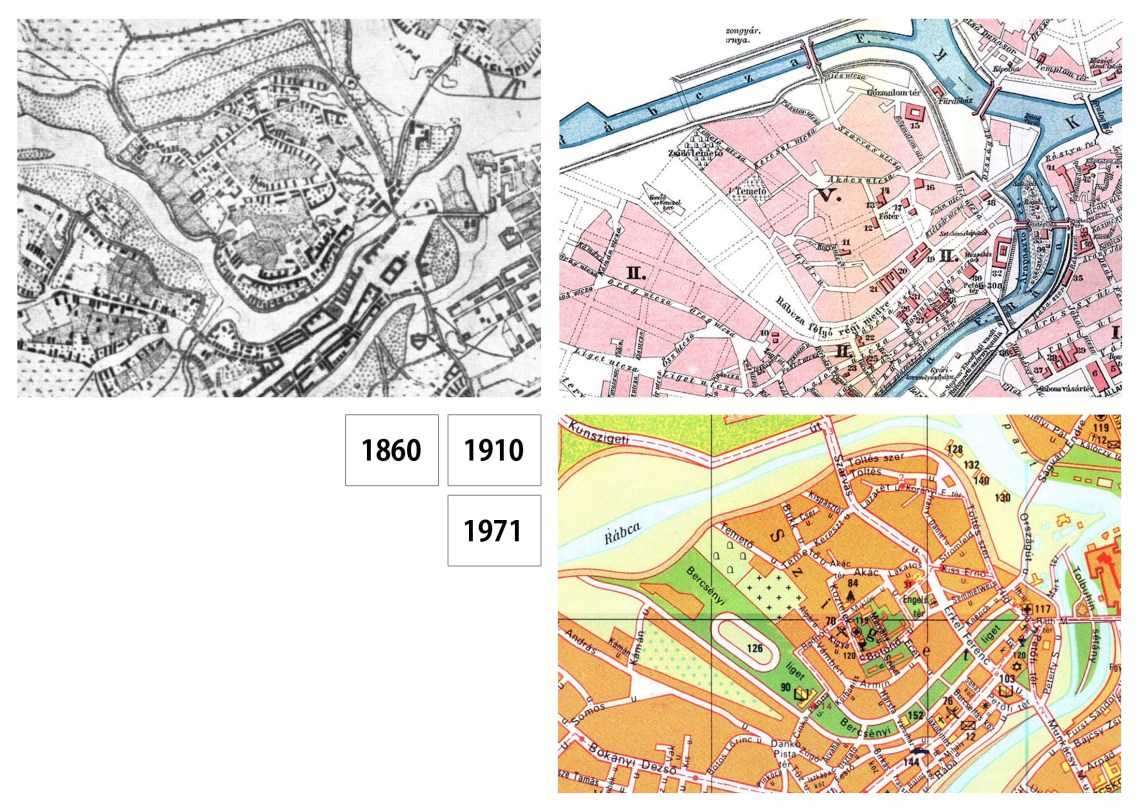 A Rábca még eredeti medrében, 1860-ban. Közvetlenül a szabályozás után, 1910-ben. 1971-ben már áll az iskola.