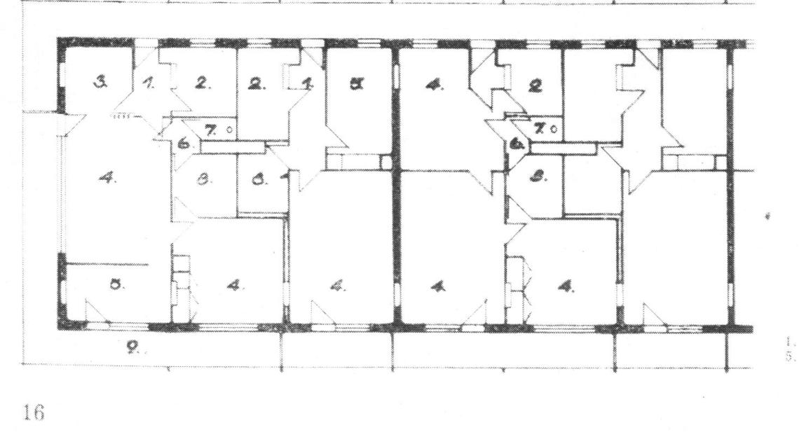 Általános emeleti alaprajz. 1. előszoba, 2. konyha, 3. étkező, 4. szoba, 5. hálófülke, 6. előtér, 7. WC, 8. fürdőszoba, 9. loggia (forrás: Magyar Építőipar)