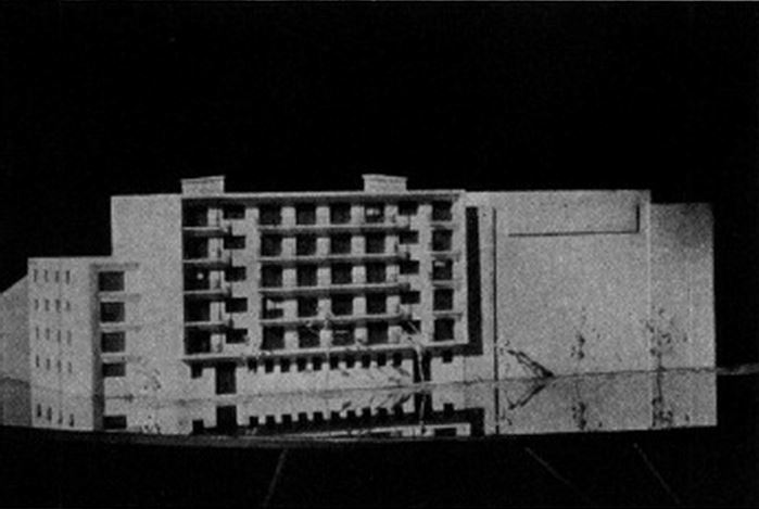 Makett az Árpád út és Munkácsy út sarkára tervezett, de meg nem valósult lakóházról. (forrás: Magyar Építőművészet)