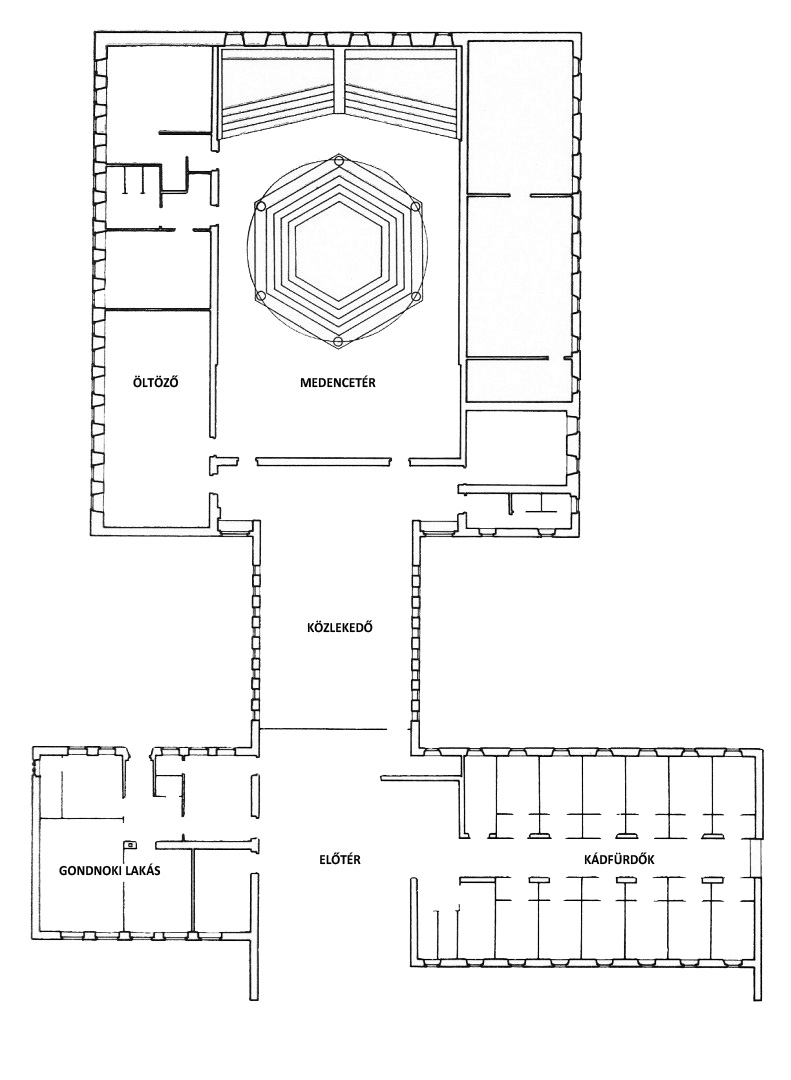 A gőzfürdő alaprajza (1960-ig). (forrás: Győri Tanulmányok 3., 1974.)