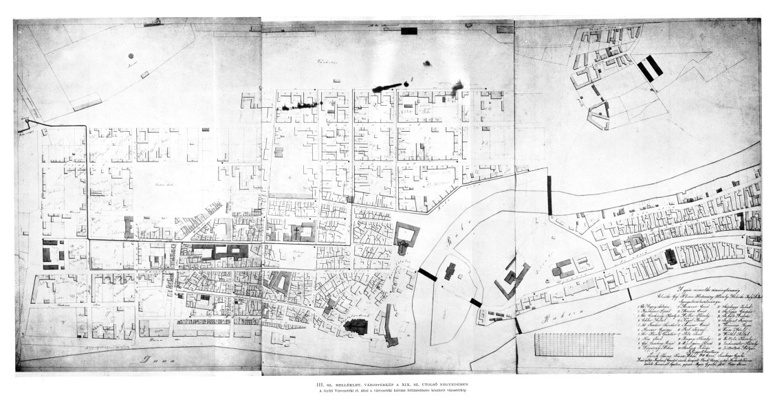 Várostérkép a XIX. század végéről. A Győri Vízvezeték Rt. által a vízvezetéki hálózat feltüntetésére készített várostérkép. Forrás: Borbíró-Valló könyv.