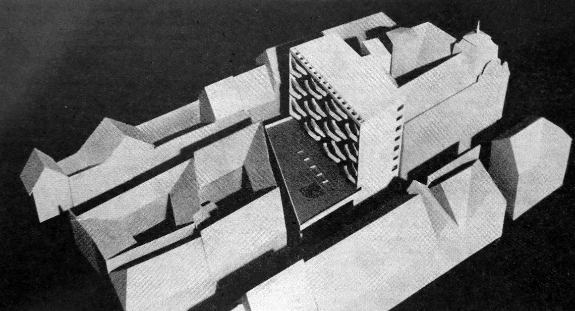 Az első tervváltozat makettje 1966-ból. (forrás: Városépítészet 1967/3.)