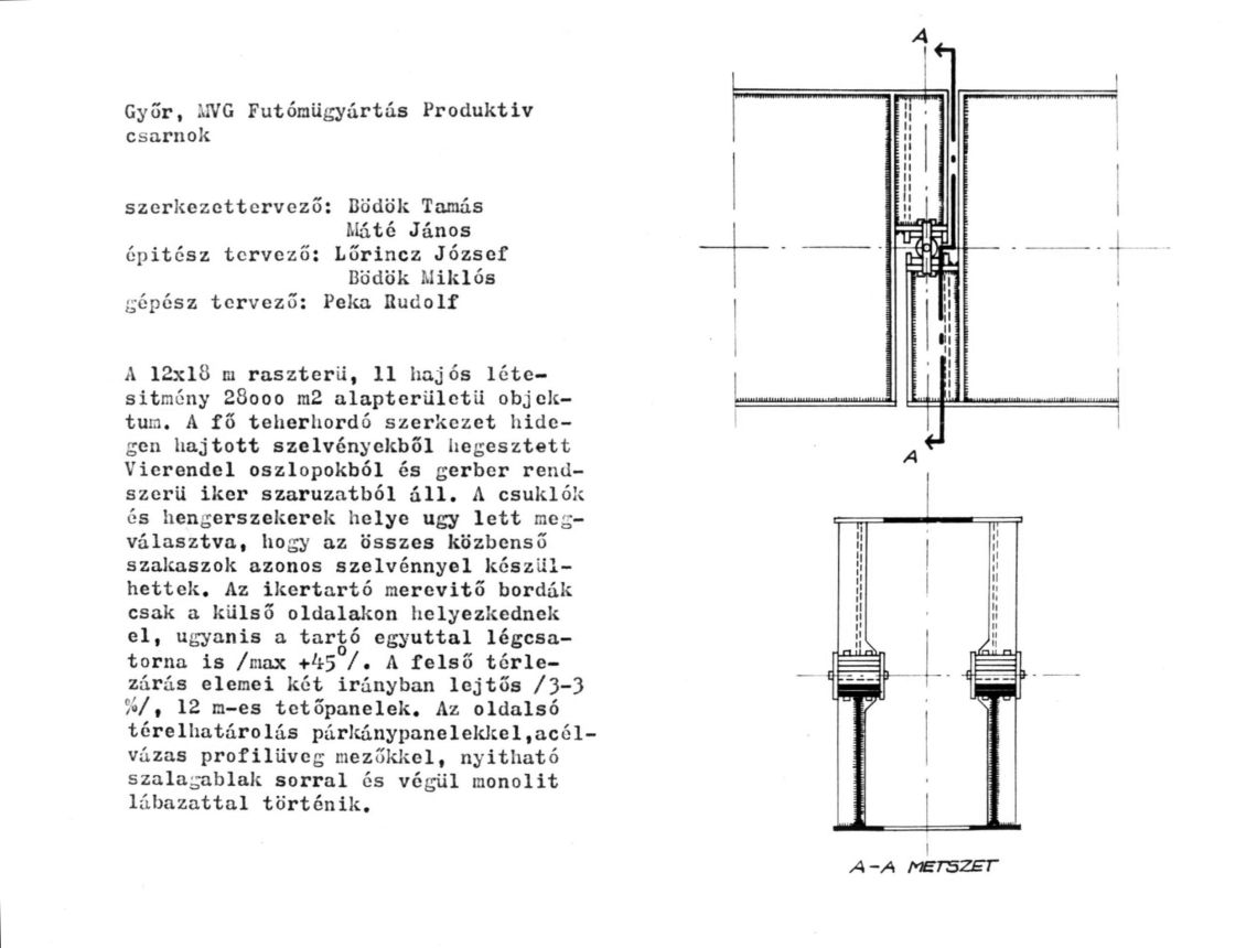 Szerkezeti leírás és a Gerber-főtartók nézete és metszete a csuklóknál. (forrás: GYŐRITERV kiadvány)