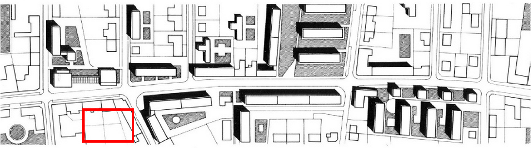 Az épült (majdani) helyét piros téglalap jelöli a beépítés helyszínrajzán. (forrás: GYŐRITERV-es kiadvány)