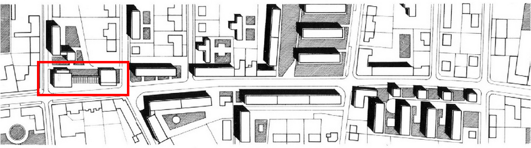 Az együttest a piros téglalap jelöli a beépítés helyszínrajzán. (forrás: GYŐRITERV-es kiadvány)