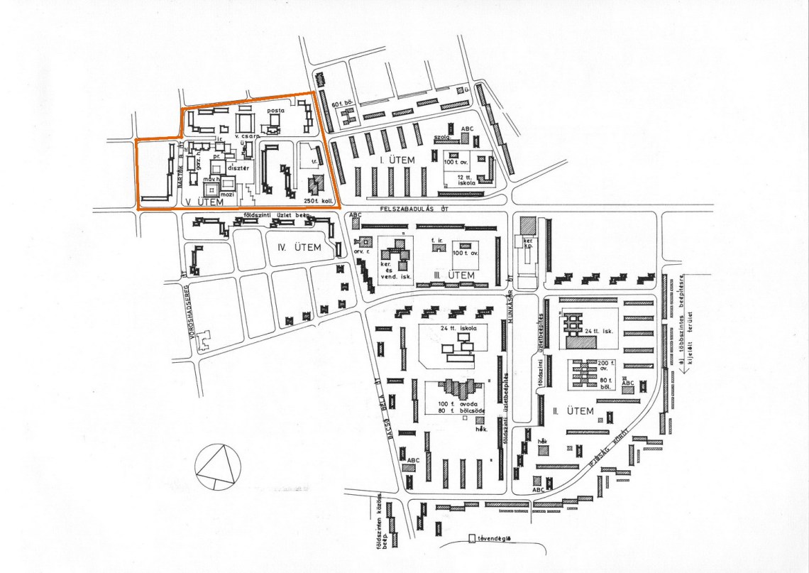 Adyváros rendezési terve 1966-ból. A Nádorvárossal összeérő V. ütemben (általam pirossal kiemelve) épültek meg a mindkét városrészt kiszolgáló középületek. (forrás: GYŐRITERV-es publikáció)