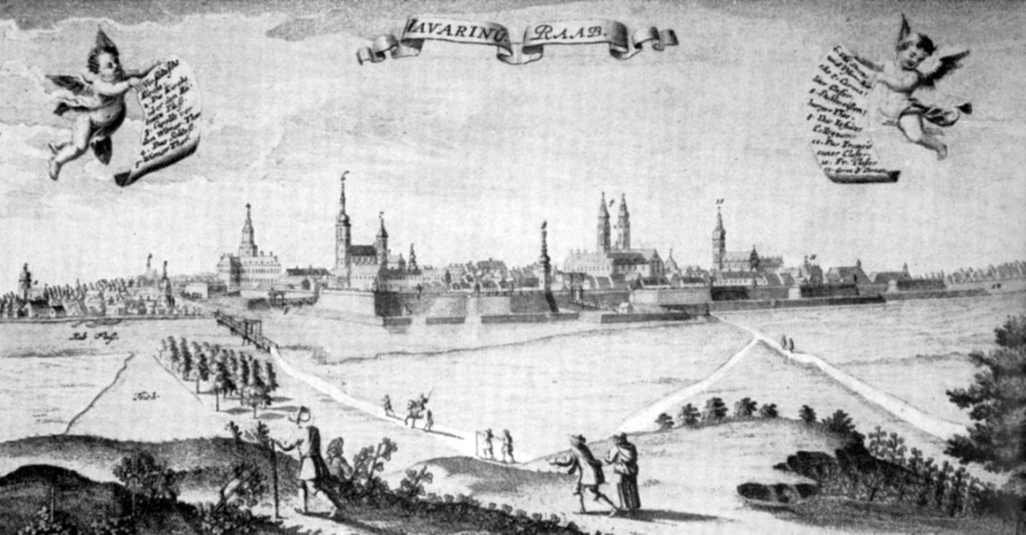 Ez a metszet már a békés, 18. század eleji Győrt ábrázolja délnyugatról. Jól látható a kép bal oldalán az Újvárosba átvezető fahíd. (forrás: borbíró-Valló)