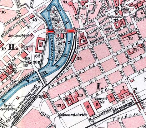 A Radó sziget környéke 1910 körül. A Kettős híd a térképen pirossal jelölve.